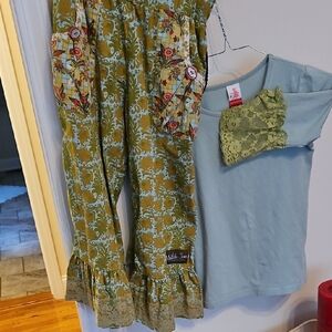 Matilda Jane Olive Patterned Pants and Sky Blue Top